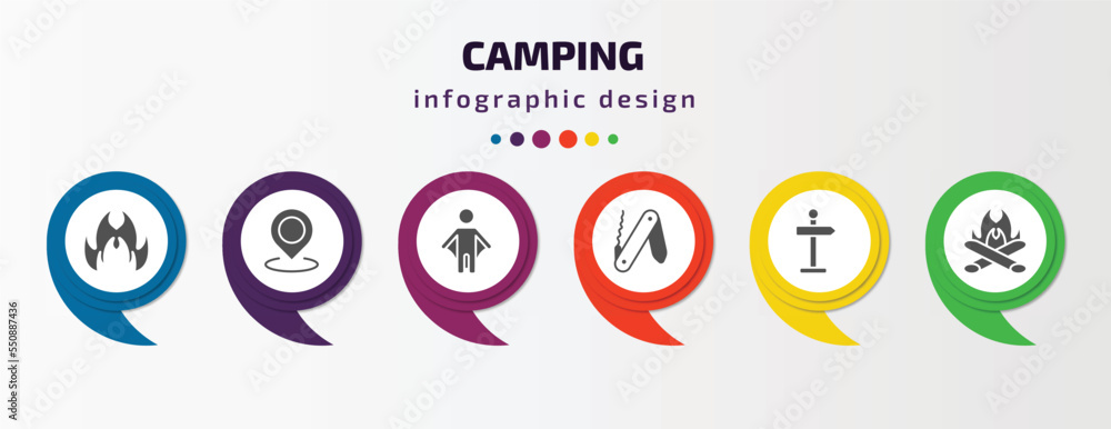 camping infographic element with filled icons and 6 step or option. camping icons such as gas, location, wingsuit, swiss knife, direction, bonfire vector. can be used for banner, info graph, web. camping infographic element with filled icons and 6 step or option. camping icons such as gas, location, wingsuit, swiss knife, direction, bonfire vector. can be used for banner, info graph, web.