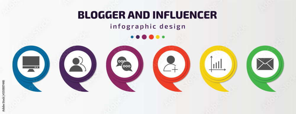 blogger and influencer infographic element with filled icons and 6 step or option. blogger and influencer icons such as monitor, visitor, communication, follow, statistics, email vector. can be used blogger and influencer infographic element with filled icons and 6 step or option. blogger and influencer icons such as monitor, visitor, communication, follow, statistics, email vector. can be used
