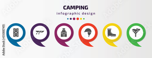 camping infographic element with filled icons and 6 step or option. camping icons such as outlet, canoe, flask, jockey, boots shoes, slingshot vector. can be used for banner, info graph, web.