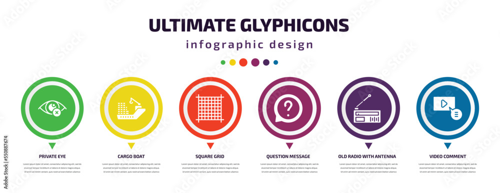 ultimate glyphicons infographic element with filled icons and 6 step or option. ultimate glyphicons icons such as private eye, cargo boat, square grid, question message, old radio with antenna, ultimate glyphicons infographic element with filled icons and 6 step or option. ultimate glyphicons icons such as private eye, cargo boat, square grid, question message, old radio with antenna,