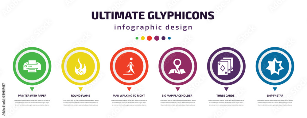 ultimate glyphicons infographic element with filled icons and 6 step or option. ultimate glyphicons icons such as printer with paper, round flame, man walking to right, big map placeholder, three ultimate glyphicons infographic element with filled icons and 6 step or option. ultimate glyphicons icons such as printer with paper, round flame, man walking to right, big map placeholder, three