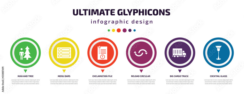 ultimate glyphicons infographic element with filled icons and 6 step or option. ultimate glyphicons icons such as man and tree, menu bars, exclamation file, reload circular arrow, big cargo truck, ultimate glyphicons infographic element with filled icons and 6 step or option. ultimate glyphicons icons such as man and tree, menu bars, exclamation file, reload circular arrow, big cargo truck,