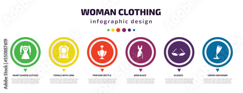 woman clothing infographic element with filled icons and 6 step or option. woman clothing icons such as heart shaped clothes, female with long hair, perfume bottle, bow black, glasses, creme