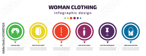 woman clothing infographic element with filled icons and 6 step or option. woman clothing icons such as curling hair, skirt black short, zip, long black gown, couture mannequin, hobo shoulder bag