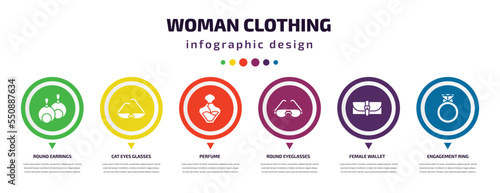 woman clothing infographic element with filled icons and 6 step or option. woman clothing icons such as round earrings, cat eyes glasses, perfume, round eyeglasses, female wallet, engagement ring