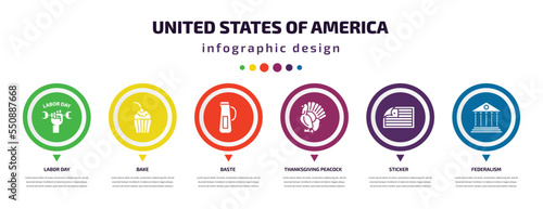 Fotografía united states of america infographic element with filled icons and 6 step or option