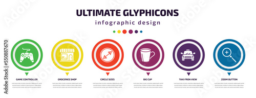 ultimate glyphicons infographic element with filled icons and 6 step or option. ultimate glyphicons icons such as game controller cross, groceries shop, circle sizes, big cup, taxi fron view, zoom