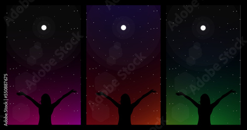 stars in the night. freedom woman walpaper for phone. night sky with stars. freedom. silhouette of a woman in the night.