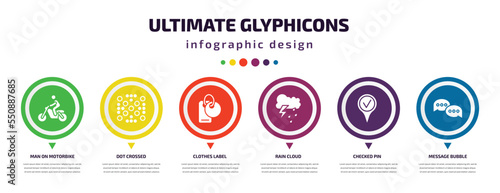 ultimate glyphicons infographic element with filled icons and 6 step or option. ultimate glyphicons icons such as man on motorbike, dot crossed, clothes label, rain cloud, checked pin, message