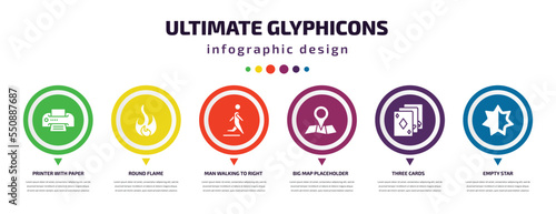 ultimate glyphicons infographic element with filled icons and 6 step or option. ultimate glyphicons icons such as printer with paper, round flame, man walking to right, big map placeholder, three