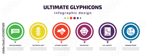 ultimate glyphicons infographic element with filled icons and 6 step or option. ultimate glyphicons icons such as writing message, big traffic light, internet security, smiling face, call contact,