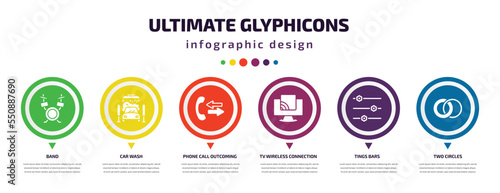 ultimate glyphicons infographic element with filled icons and 6 step or option. ultimate glyphicons icons such as band, car wash, phone call outcoming, tv wireless connection, tings bars, two