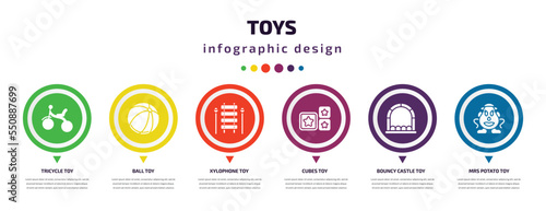 toys infographic element with filled icons and 6 step or option. toys icons such as tricycle toy, ball toy, xylophone toy, cubes bouncy castle mrs potato vector. can be used for banner, info graph,
