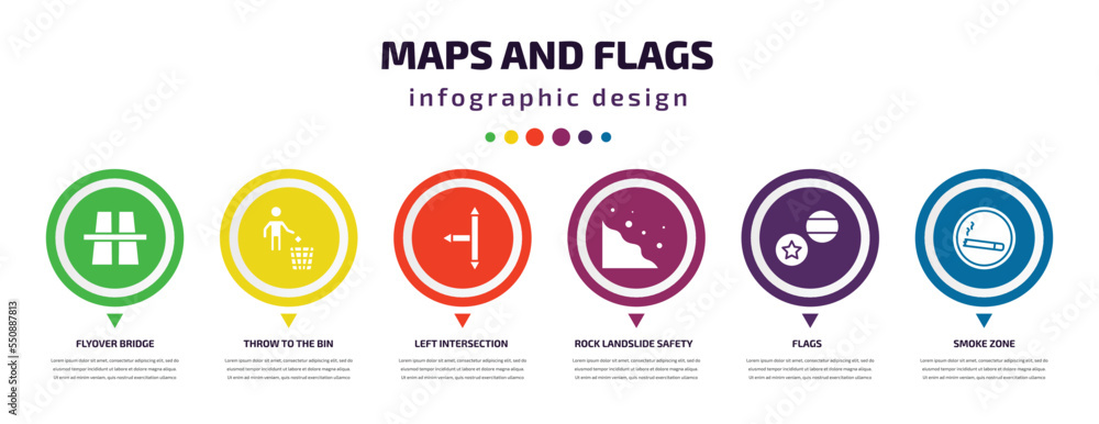 maps and flags infographic element with filled icons and 6 step or ...