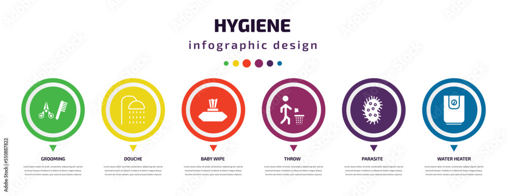 hygiene infographic element with filled icons and 6 step or option. hygiene icons such as grooming, douche, baby wipe, throw, parasite, water heater vector. can be used for banner, info graph, web. hygiene infographic element with filled icons and 6 step or option. hygiene icons such as grooming, douche, baby wipe, throw, parasite, water heater vector. can be used for banner, info graph, web.