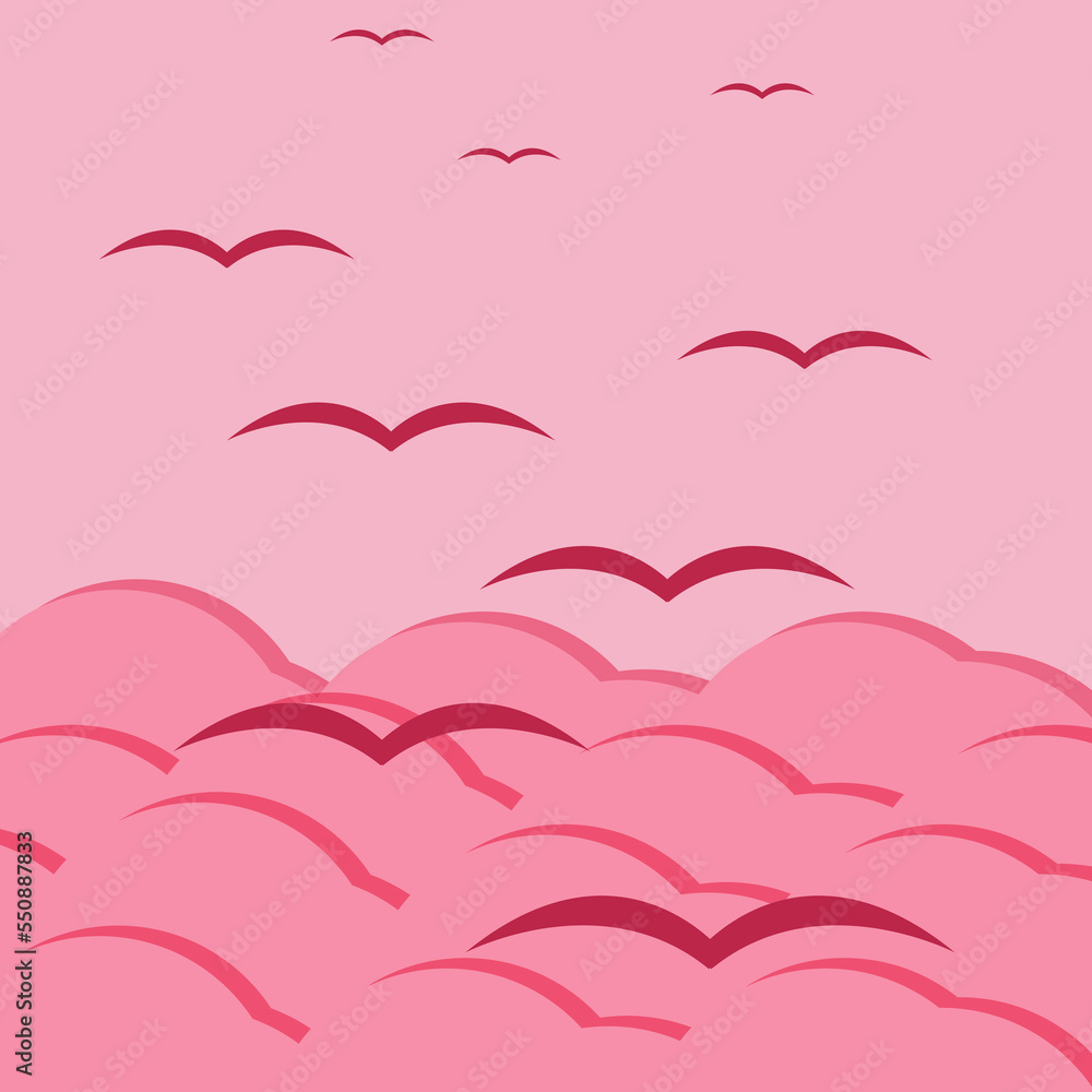 Landscape in pink tones with clouds and seagulls in the cut out paper style. Viva magenta background with flying birds against the sky. Valentines day concept. Marketing material, website banner. 