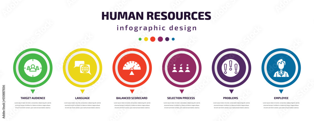 human resources infographic element with filled icons and 6 step or option. human resources icons such as target audience, language, balanced scorecard, selection process, problems, employee vector. human resources infographic element with filled icons and 6 step or option. human resources icons such as target audience, language, balanced scorecard, selection process, problems, employee vector.