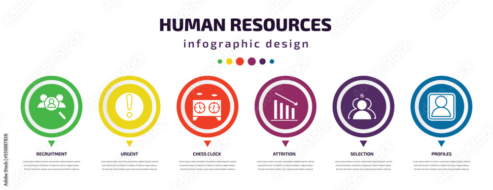 human resources infographic element with filled icons and 6 step or option. human resources icons such as recruitment, urgent, chess clock, attrition, selection, profiles vector. can be used for human resources infographic element with filled icons and 6 step or option. human resources icons such as recruitment, urgent, chess clock, attrition, selection, profiles vector. can be used for