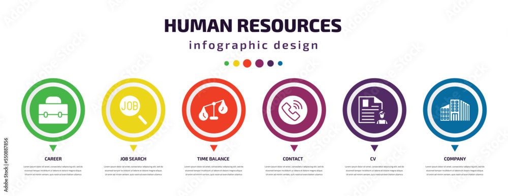 human resources infographic element with filled icons and 6 step or option. human resources icons such as career, job search, time balance, contact, cv, company vector. can be used for banner, info human resources infographic element with filled icons and 6 step or option. human resources icons such as career, job search, time balance, contact, cv, company vector. can be used for banner, info