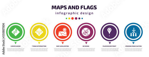 maps and flags infographic element with filled icons and 6 step or option. maps and flags icons such as curves ahead, t road intersection, map localization, no skiing, placeholder point, crossing
