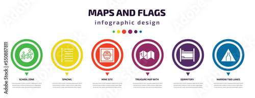 maps and flags infographic element with filled icons and 6 step or option. maps and flags icons such as school zone, spacing, mine site, treasure map with x, dormitory, narrow two lanes vector. can