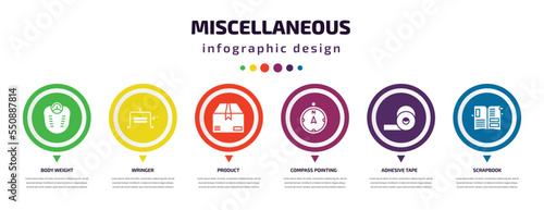 miscellaneous infographic element with filled icons and 6 step or option. miscellaneous icons such as body weight, wringer, product, compass pointing north, adhesive tape, scrapbook vector. can be