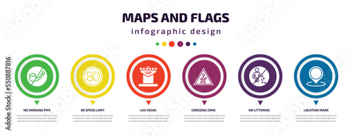maps and flags infographic element with filled icons and 6 step or option. maps and flags icons such as no smoking pipe, 80 speed limit, las vegas, crossing zone, no littering, location mark vector.