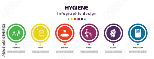 hygiene infographic element with filled icons and 6 step or option. hygiene icons such as grooming, douche, baby wipe, throw, parasite, water heater vector. can be used for banner, info graph, web.