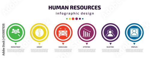human resources infographic element with filled icons and 6 step or option. human resources icons such as recruitment, urgent, chess clock, attrition, selection, profiles vector. can be used for