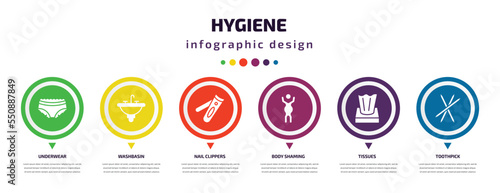 hygiene infographic element with filled icons and 6 step or option. hygiene icons such as underwear, washbasin, nail clippers, body shaming, tissues, toothpick vector. can be used for banner, info