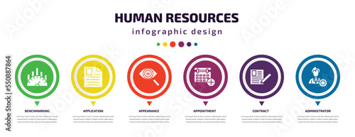 human resources infographic element with filled icons and 6 step or option. human resources icons such as benchmarking, application, appearance, appointment, contract, administrator vector. can be