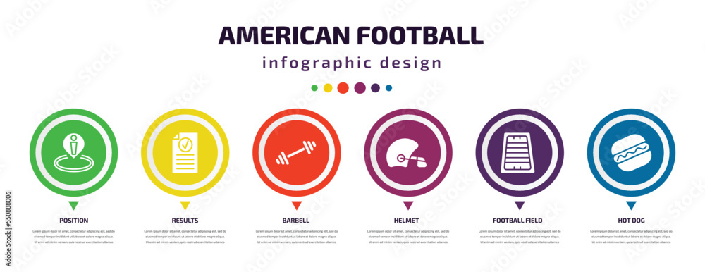 american football infographic element with filled icons and 6 step or option. american football icons such as position, results, barbell, helmet, football field, hot dog vector. can be used for american football infographic element with filled icons and 6 step or option. american football icons such as position, results, barbell, helmet, football field, hot dog vector. can be used for