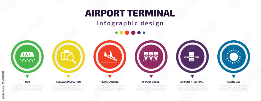 airport terminal infographic element with filled icons and 6 step or option. airport terminal icons such as taxi, luggage inspection, plane landing, airport queue, x ray hine, sunny day vector. can