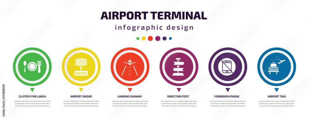 airport terminal infographic element with filled icons and 6 step or option. airport terminal icons such as clutery for lunch, airport radar, landing runway, direction post, forbbiden phone, taxi airport terminal infographic element with filled icons and 6 step or option. airport terminal icons such as clutery for lunch, airport radar, landing runway, direction post, forbbiden phone, taxi