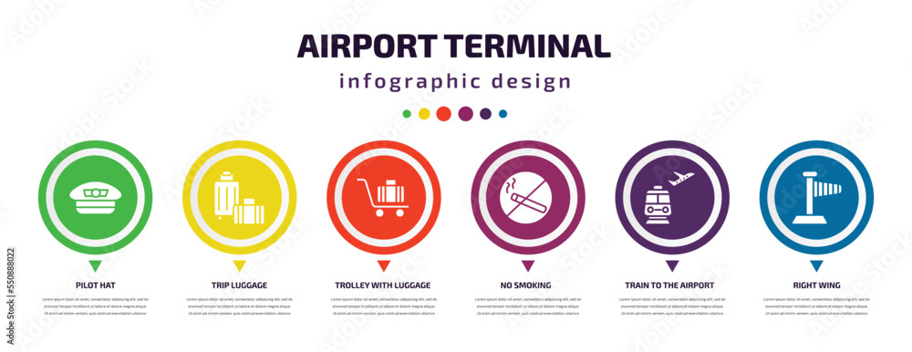 airport terminal infographic element with filled icons and 6 step or option. airport terminal icons such as pilot hat, trip luggage, trolley with luggage, no smoking, train to the airport, right airport terminal infographic element with filled icons and 6 step or option. airport terminal icons such as pilot hat, trip luggage, trolley with luggage, no smoking, train to the airport, right