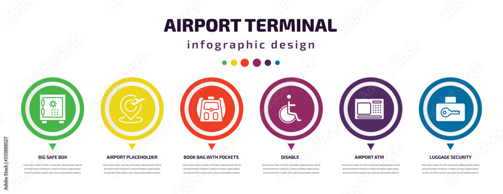 airport terminal infographic element with filled icons and 6 step or option. airport terminal icons such as big safe box, airport placeholder, book bag with pockets, disable, atm, luggage security airport terminal infographic element with filled icons and 6 step or option. airport terminal icons such as big safe box, airport placeholder, book bag with pockets, disable, atm, luggage security