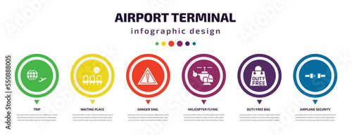 airport terminal infographic element with filled icons and 6 step or option. airport terminal icons such as trip, waiting place, danger sing, helicopter flying, duty free bag, airplane security belt