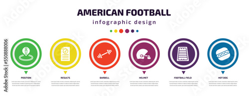 american football infographic element with filled icons and 6 step or option. american football icons such as position, results, barbell, helmet, football field, hot dog vector. can be used for