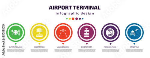 airport terminal infographic element with filled icons and 6 step or option. airport terminal icons such as clutery for lunch, airport radar, landing runway, direction post, forbbiden phone, taxi photo