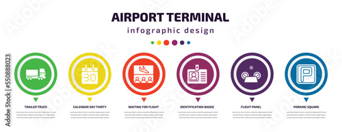 airport terminal infographic element with filled icons and 6 step or option. airport terminal icons such as trailer truck, calendar day thirty, waiting for flight, identification badge, flight