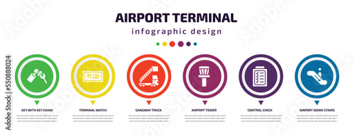 airport terminal infographic element with filled icons and 6 step or option. airport terminal icons such as key with key chain, terminal watch, gangway truck, airport tower, control check, down