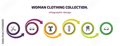 woman clothing collection. infographic element with filled icons and 6 step or option. woman clothing collection. icons such as scissors inverted view, round eyeglasses, rectangular, thread spool,