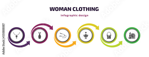 woman clothing infographic element with filled icons and 6 step or option. woman clothing icons such as star pendant, feminine fashion, hair iron, perfume bottle, hobo shoulder bag, makeup vector.