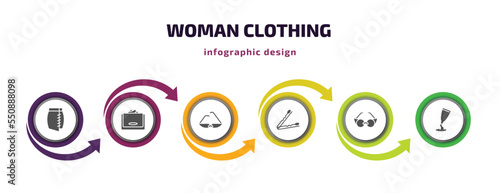 woman clothing infographic element with filled icons and 6 step or option. woman clothing icons such as skirt black short, wallet, cat eyes glasses, hair clip tool, eyeglasses, creme container black