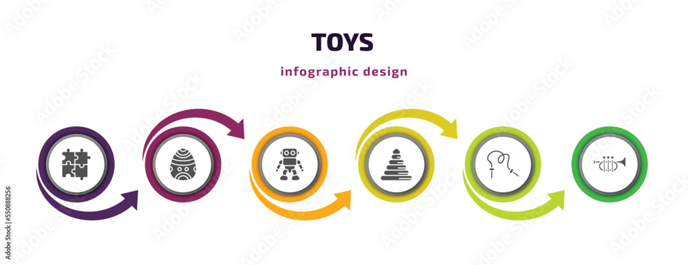 toys infographic element with filled icons and 6 step or option. toys icons such as thinking game toy, toy toy, robot circle skipping rope et vector. can be used for banner, info graph, web. toys infographic element with filled icons and 6 step or option. toys icons such as thinking game toy, toy toy, robot circle skipping rope et vector. can be used for banner, info graph, web.