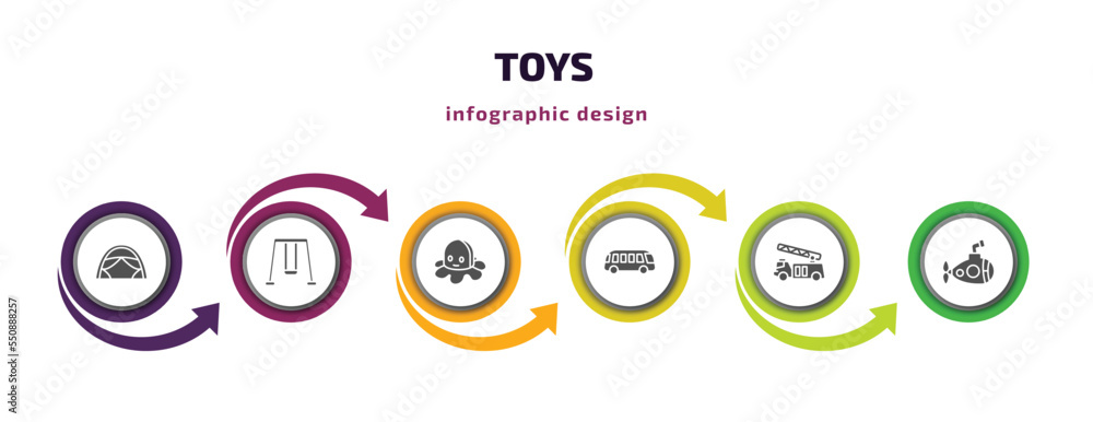 toys infographic element with filled icons and 6 step or option. toys icons such as tent toy, swing toy, octopus toy, bus fire truck submarine vector. can be used for banner, info graph, web. toys infographic element with filled icons and 6 step or option. toys icons such as tent toy, swing toy, octopus toy, bus fire truck submarine vector. can be used for banner, info graph, web.