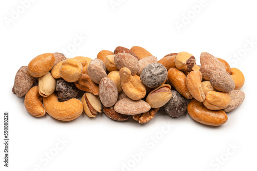 A group of almonds, pistachios, walnuts, macadamia, cashews.