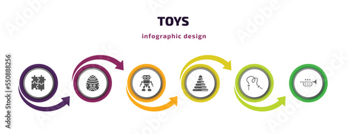 toys infographic element with filled icons and 6 step or option. toys icons such as thinking game toy, toy toy, robot circle skipping rope et vector. can be used for banner, info graph, web.