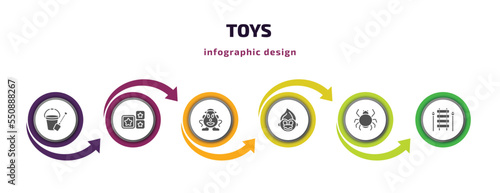 toys infographic element with filled icons and 6 step or option. toys icons such as sand bucket toy, cubes toy, mrs potato toy, troll spider xylophone vector. can be used for banner, info graph,