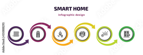 smart home infographic element with filled icons and 6 step or option. smart home icons such as heat leak, smart switch, lighting, freeze, chart, windows vector. can be used for banner, info graph,